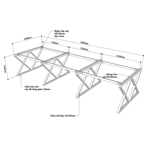 Chân bàn cụm 6 hệ XConcept 360x120cm lắp ráp HCXC013