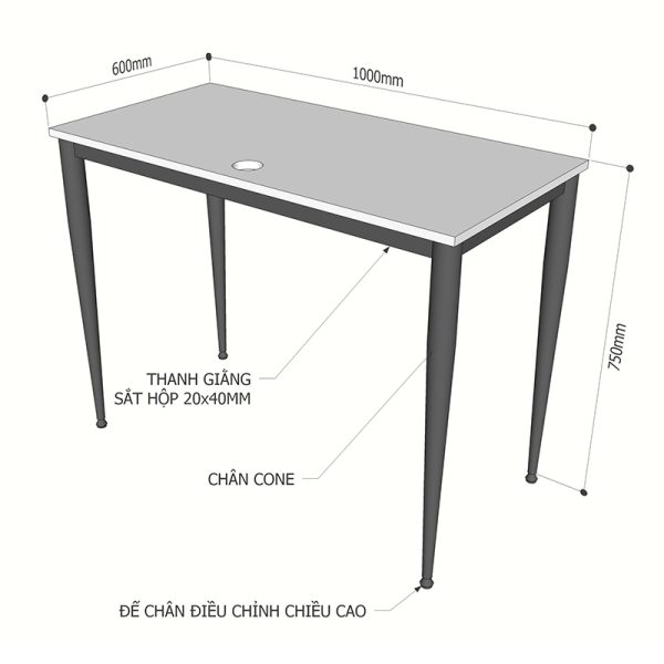 Bàn làm việc 100x50cm gỗ Plywood phủ melamin chân sắt hệ Cone II HBCN001