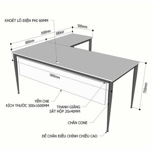 Bàn chữ L 160x150cm gỗ Plywood phủ melamin chân hệ Cone II HBCN018