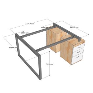 Bàn cụm 2 chỗ có tủ 120x120cm gỗ cao su chân sắt Rectang HBRT092