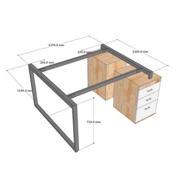 Bàn cụm 2 chỗ có tủ 120x120cm gỗ cao su chân sắt Rectang HBRT092