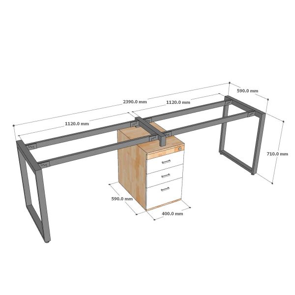 Bàn cụm 2 chỗ có tủ 240x60cm gỗ cao su hệ Rectang HBRT094