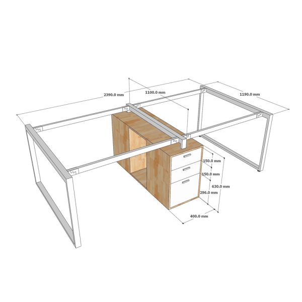 Bàn làm việc cụm 4 chân tủ gỗ tự nhiên chân sắt HBRT071