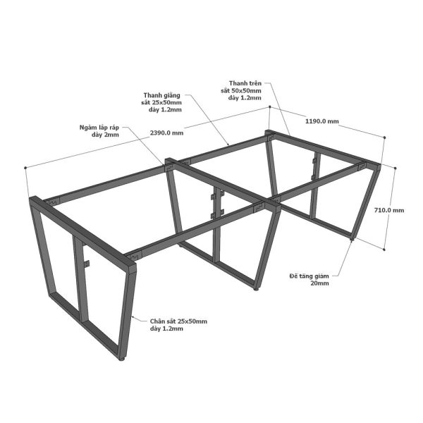 Bàn cụm 4 người có tấm chắn 240x120cm gỗ plywood chân lắp ráp HBTC050