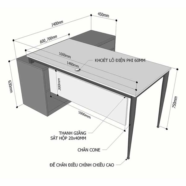 Bàn giám đốc chân tủ gỗ Plywood phủ melamin hệ Cone II HBCN020