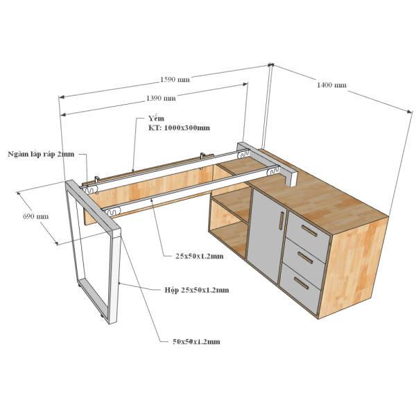 Kích thước Bàn giám đốc 160x140 (mặt bàn 70)Trapeze Concept lắp ráp