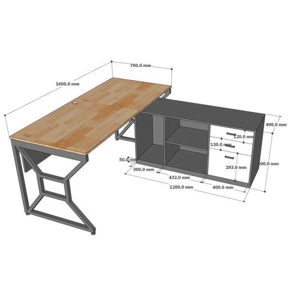 Bàn giám đốc 160x70cm kèm tủ rời gỗ cao su chân sắt lắp ráp BGD68071