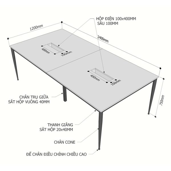 Bàn họp 240x120cm gỗ Plywood phủ melamin chân sắt hệ Cone II HBCN024