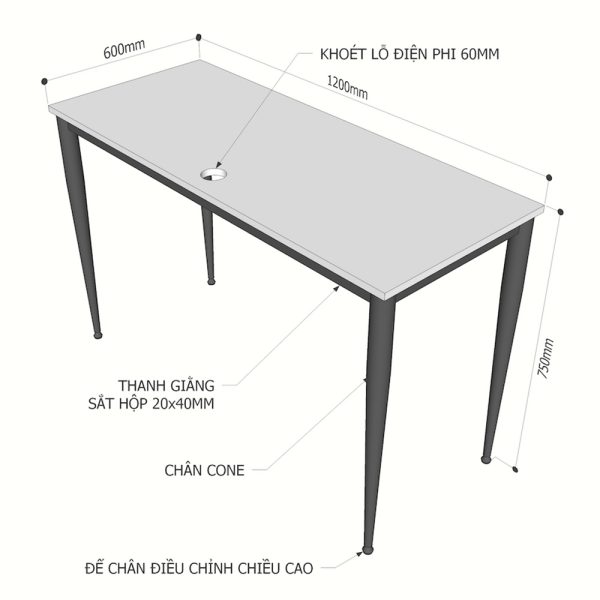 Bàn làm việc 120x60cm gỗ Plywood phủ melamin chân sắt CONE II HBCN001