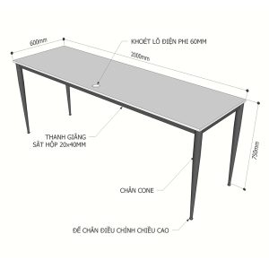 Bàn làm việc 200x60cm gỗ Plywood phủ melamin chân hệ Cone II HBCN010