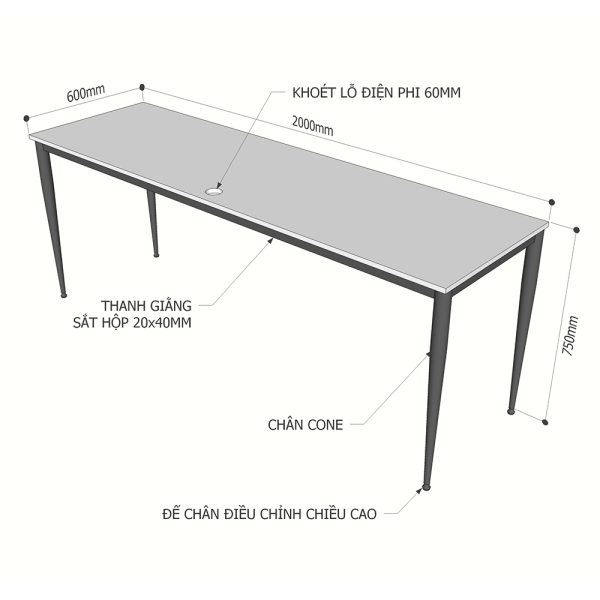 Bàn làm việc 200x60cm gỗ Plywood phủ melamin chân hệ Cone II HBCN010