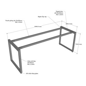 Bàn làm việc 200x70cm gỗ cao su chân sắt hệ Rectang HBRT090