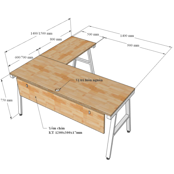 Bàn chữ L mặt bàn chính 140cm AConcept chân sắt lắp ráp HBAC017