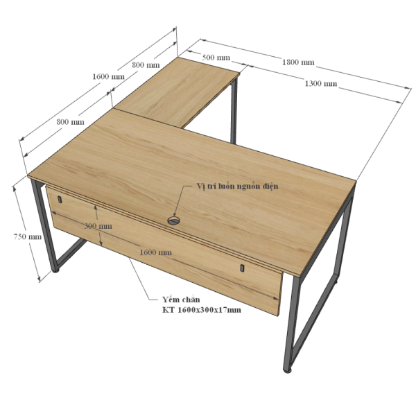 Chi tiết kích thước bàn làm việc chữ L 180x160cm