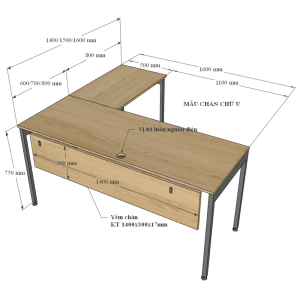 Bàn làm việc chữ 160x150cm gỗ Plywood chân sắt hệ SLEAN HBSL019