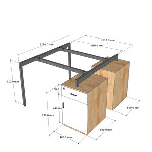 Bàn cụm 2 chỗ có tủ 120x120cm gỗ cao su chân sắt hệ Slean HBSL039