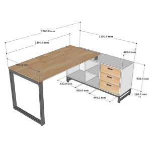 Bàn làm việc gác tủ 170x120cm gỗ cao su chân sắt hệ Rectang HBRT080
