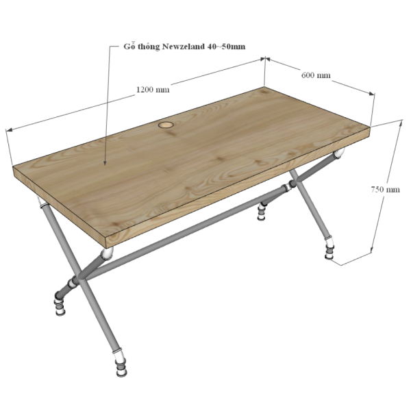 Bàn làm việc gỗ Thông chân ống nước chữ X - HBON009