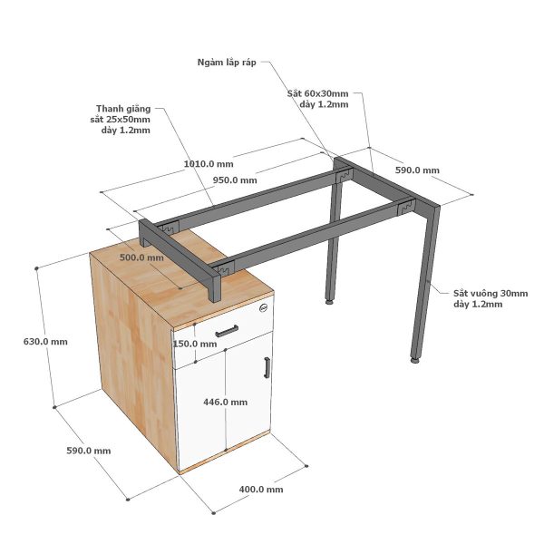 Bàn làm việc gác  tủ 120x60cm gỗ cao su chân sắt hệ Slean HBSL038