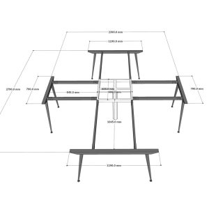 Bàn cụm 4 chỗ chữ thập 280x240cm chân sắt lắp ráp hệ CONE HBCO054