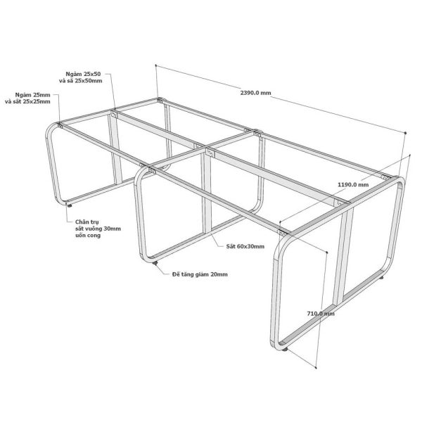 Chân sắt lắp ráp cụm 4 người ngồi 240x120cm hệ Minimal HCMN007