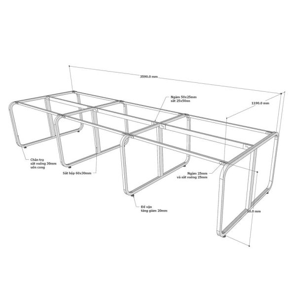 Chân sắt lắp ráp cụm 8 người ngồi 360x120cm hệ Minimal HCMN008