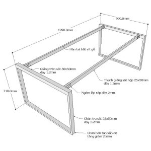 Chân sắt bàn họp hệ Rectang 100x200cm lắp ráp