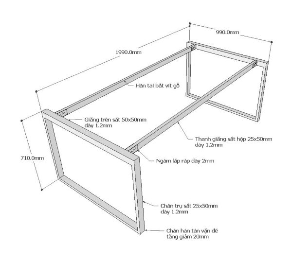 Chân sắt bàn họp hệ Rectang 100x200cm lắp ráp