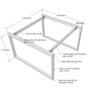 Chân sắt bàn cụm 2 hệ rectang 120x120cm