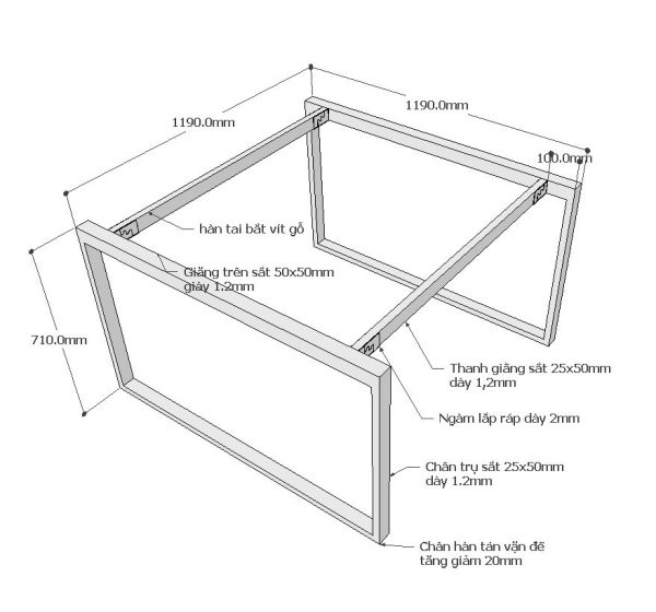 Chân sắt bàn cụm 2 hệ rectang 120x120cm