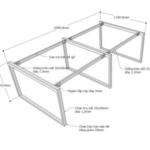 Chân sắt bàn cụm 4 hệ Rectang 120x240cm lắp ráp