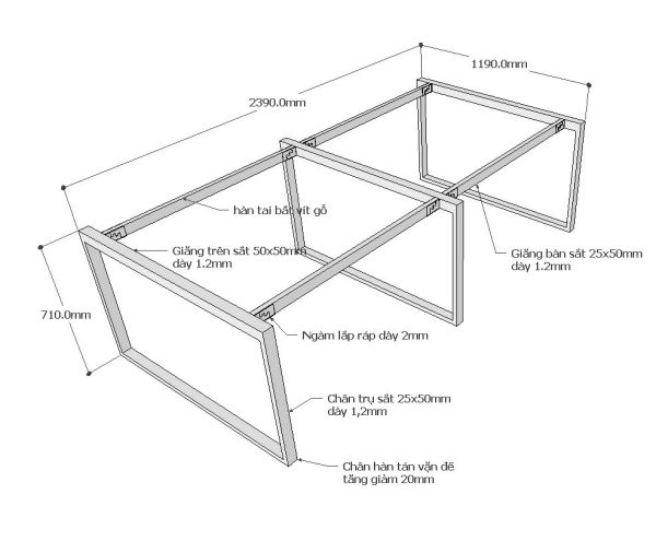 Chân sắt bàn cụm 4 hệ Rectang 120x240cm lắp ráp