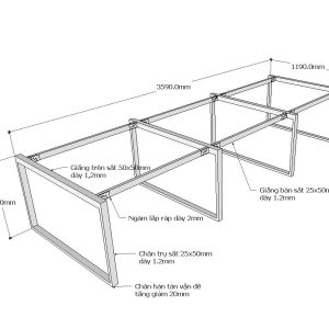 Chân sắt bàn cụm 6 hệ Rectang 120x360cm lắp ráp