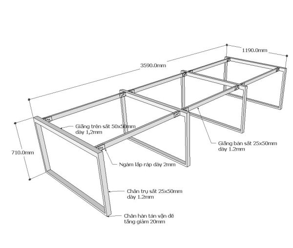 Chân sắt bàn cụm 6 hệ Rectang 120x360cm lắp ráp