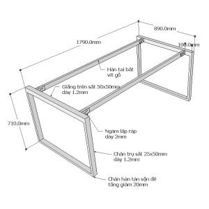 HCRB008 - Chân sắt bàn họp hệ Rectang 90x180cm lắp ráp