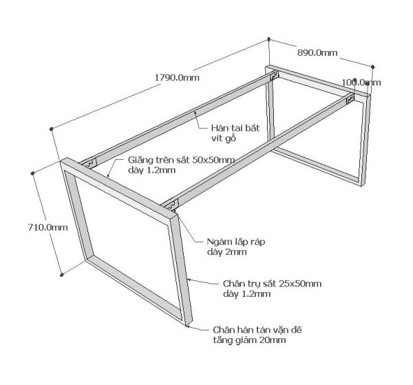 HCRB008 - Chân sắt bàn họp hệ Rectang 90x180cm lắp ráp