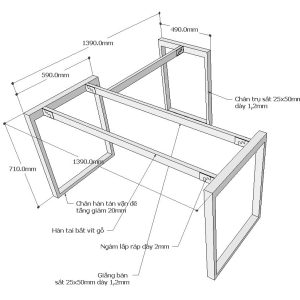 Chân bàn chữ L hệ Rectang 140x140cm lắp ráp