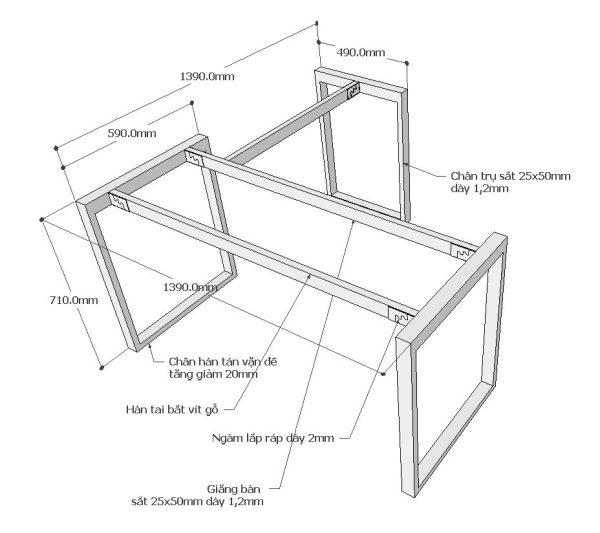 Chân bàn chữ L hệ Rectang 140x140cm lắp ráp