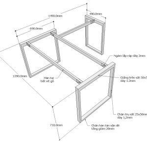 Chân bàn chữ L hệ Rectang 140x150cm lắp ráp