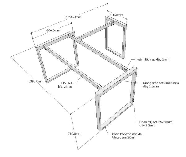 Chân bàn chữ L hệ Rectang 140x150cm lắp ráp