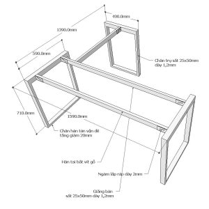 Chân bàn chữ L hệ Rectang 160x140cm lắp ráp