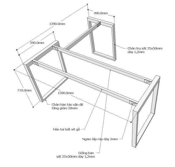 Chân bàn chữ L hệ Rectang 160x140cm lắp ráp