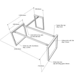 Chân bàn chữ L hệ Rectang 160x150cm lắp ráp