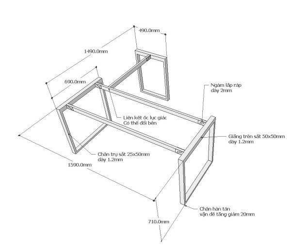 Chân bàn chữ L hệ Rectang 160x150cm lắp ráp
