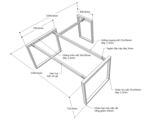 Chân bàn chữ L hệ Rectang 160x160cm lắp ráp