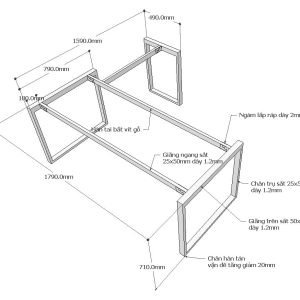 Chân bàn chữ L hệ Rectang 180x160cm lắp ráp