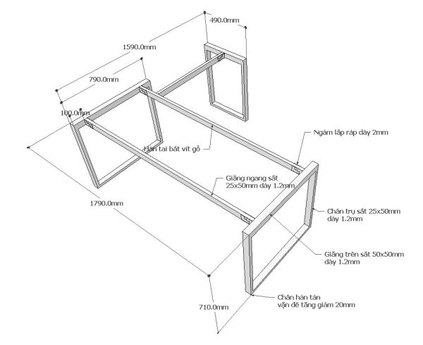 Chân bàn chữ L hệ Rectang 180x160cm lắp ráp