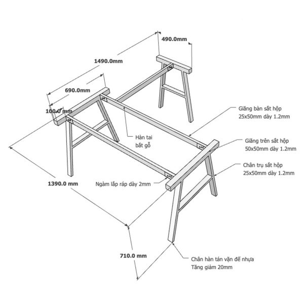 Kích thước Chân bàn sắt lắp ráp