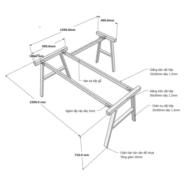 Kích thước Chân bàn sắt lắp ráp