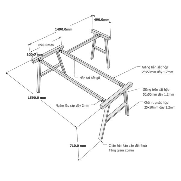Kích thước chân bàn sắt lắp ráp